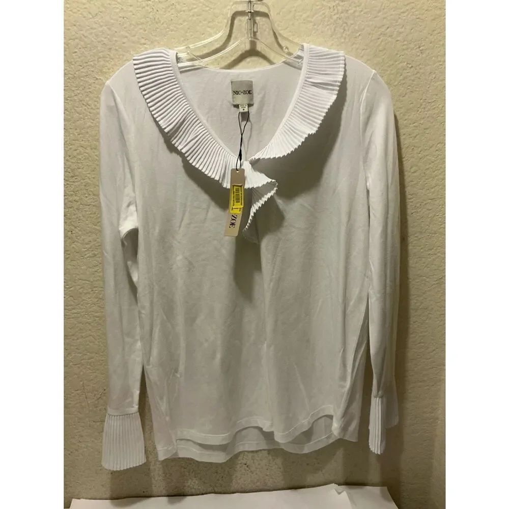 NWT NIC+ZOE White Pleated Ruffle Collar Long Sleeve Tee